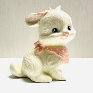 Vintage Bunny Rabbit Figurine Pink Polka Dot Bandanna Bow Ceramics By Audrey